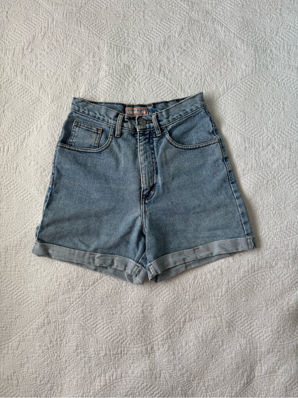 Vintage Guess Light Blue High-Waist Rolled Denim Shorts